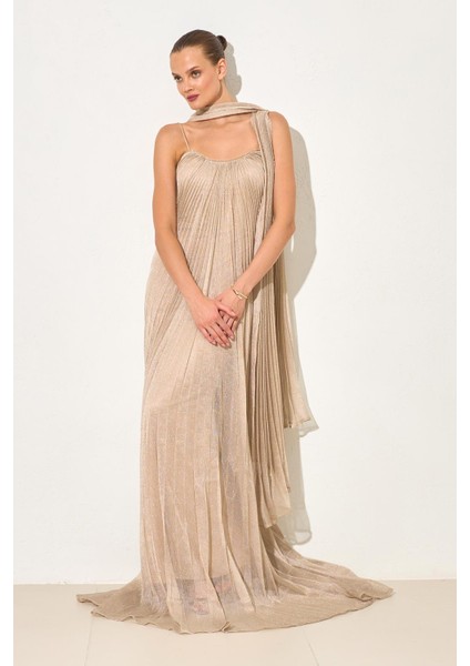 Gold Drapeli Omuz ve Yaka Detaylı Abiye Elbise fiyatları