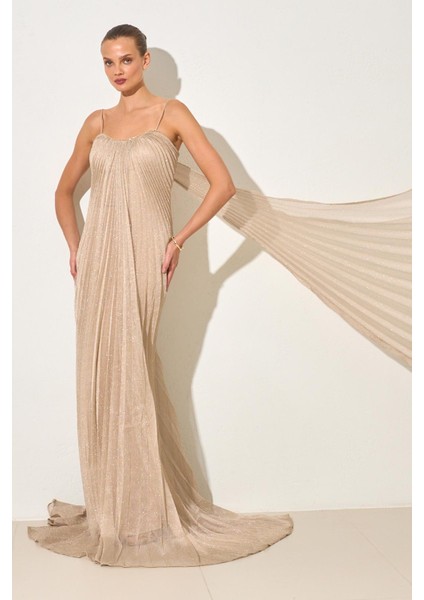 Gold Drapeli Omuz ve Yaka Detaylı Abiye Elbise indirimleri