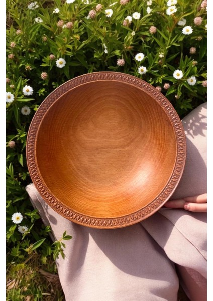 Doğal Kayın Ahşap Salata ve Sunum Kasesi – El Yapımı, Cnc Oymalı, 248 mm