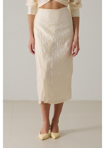 Krem Bağlama Detaylı Midi Boy Crush Detaylı Etek