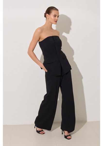 Siyah Straplez 2 Parça Görünümlü Pantolonlu Tulum