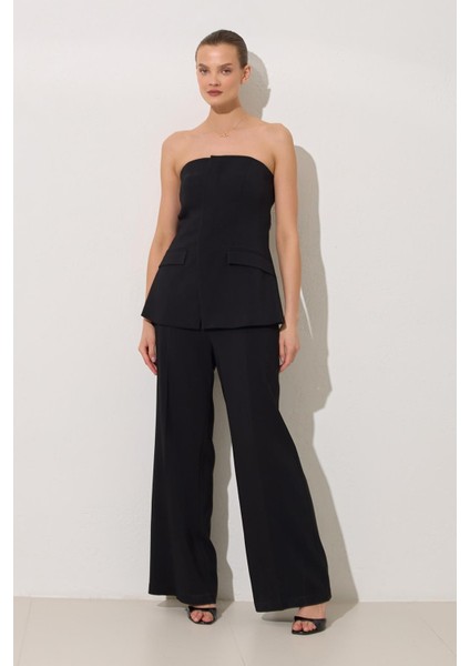 Siyah Straplez 2 Parça Görünümlü Pantolonlu Tulum fiyatları