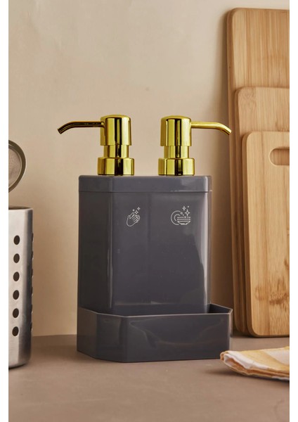 13136-1 Marlon Lecce Gold Başlıklı 2li Süngerlik Hazneli Mutfak Sıvı Sabunluk Gri