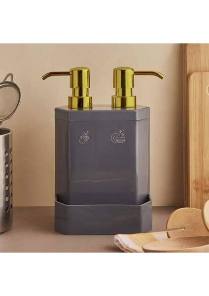 13136-1 Marlon Lecce Gold Başlıklı 2li Süngerlik Hazneli Mutfak Sıvı Sabunluk Gri modelleri