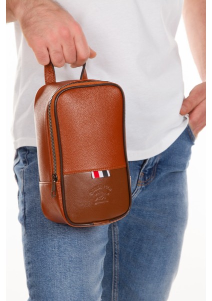 Erkek Deri Portföy Clutch Traş Kozmetik Bakım ve Günlük El Çantası NEWPOLO168 - Taba