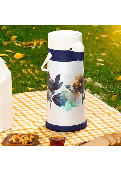 161720-805 Çiçek Desenli Sıcak-Soğuk Içecekler Için Pompalı Termos 1.8lt