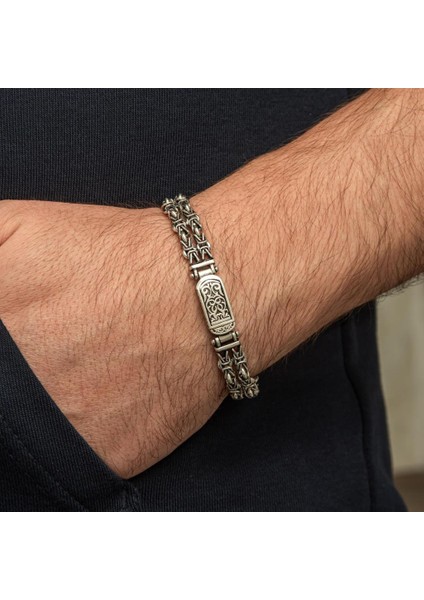 Çift Kral Zincir Desenli 925 Ayar Gümüş Erkek Bileklik