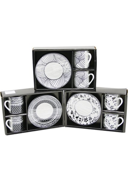 Siyah - Beyaz 4pcs=2-Takım Porselen Kahve Fincanı Çiçek - Çizgi - Nokta Mix Desen (3791)