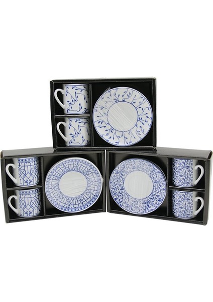 Mavi - Beyaz 4pcs=2-Takım Porselen Kahve Fincanı Çiçek - Çizgi - Nokta Mix Desen (3791)