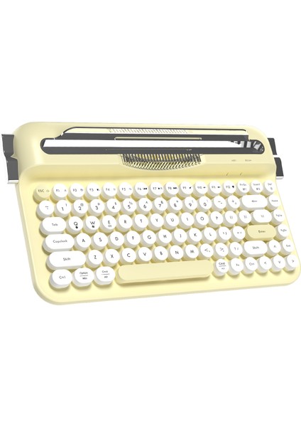AF84 Kablosuz Bluetooth & 2.4g Çift Modlu Retro Daktilo Tasarımlı Klavye – Yuvarlak Tuşlu, Tablet & Telefon Standlı, Ergonomik, Taşınabilir, Pille Çalışan, Sessiz ve Konforlu Sarı