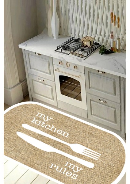 Dijital Kaymaz Yıkanabilir Mutfak Jüt Gör. Kıtchen Beyaz Çerçeveli Oval Mutfak Halısı DC-5050-OVAL