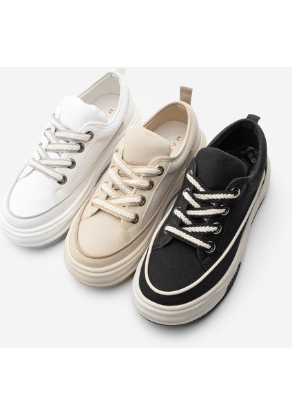 Kadın Yüksek Taban Sneaker Keten Kumaş Bağcıklı Spor Ayakkabı Hesna Bej