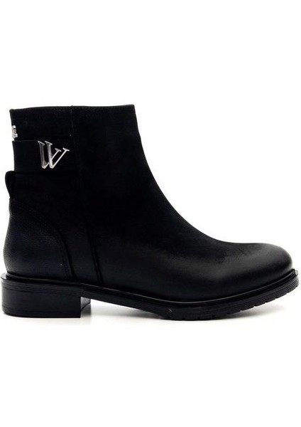 Kadın Hakiki Deri Tokalı Kısa Fermuarlı Bot 20745K - Siyah - 36