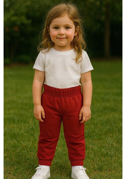 Kız Çocuk %100 Pamuk Beli ve Paçası Lastikli Eşofman Altı - Bordo (3-4 Yaş 8-9 Yaş)