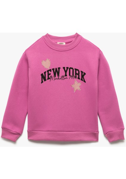 Bisiklet Yaka Uzun Kollu Baskılı Şardonlu Sweatshirt