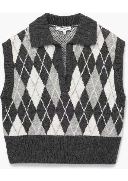 Kolsuz Baklava Desenli Jakarlı Polo Yaka Triko Süveter