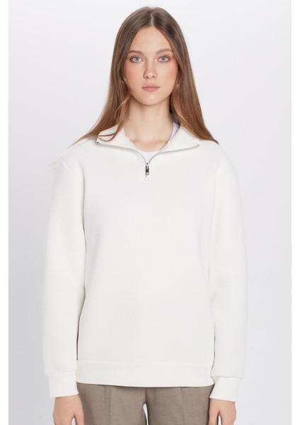 Unisex Relax Fit Rahat Kesim Pamuklu Içi Polarlı Yarım Fermuarlı Beyaz Dik Yaka Sweatshirt fırsatları