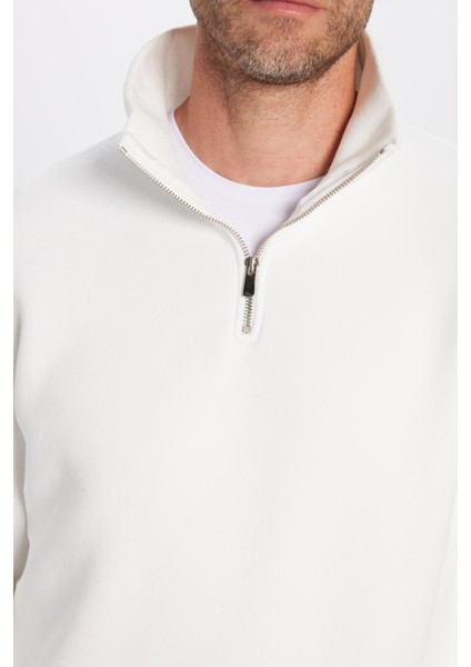 Unisex Relax Fit Rahat Kesim Pamuklu Içi Polarlı Yarım Fermuarlı Beyaz Dik Yaka Sweatshirt indirimleri