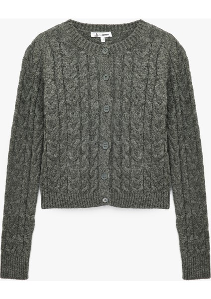 Düğmeli Bisiklet Yaka Uzun Kollu Saç Örgüsü Dokulu Triko Hırka