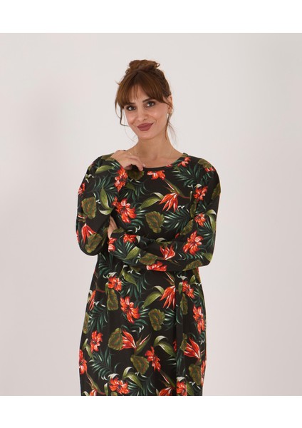 Uzun Kollu Pamuklu Süprem Kumaş Midi Boy Elbise