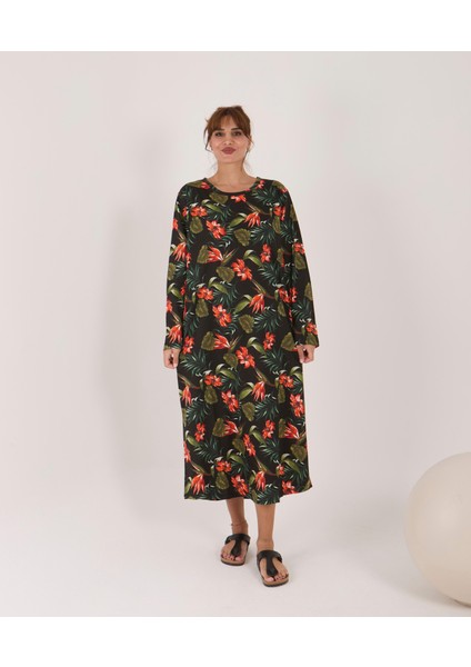 Uzun Kollu Pamuklu Süprem Kumaş Midi Boy Elbise fırsatları