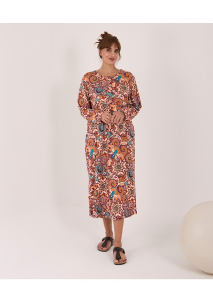 Uzun Kollu Pamuklu Süprem Kumaş Midi Boy Elbise