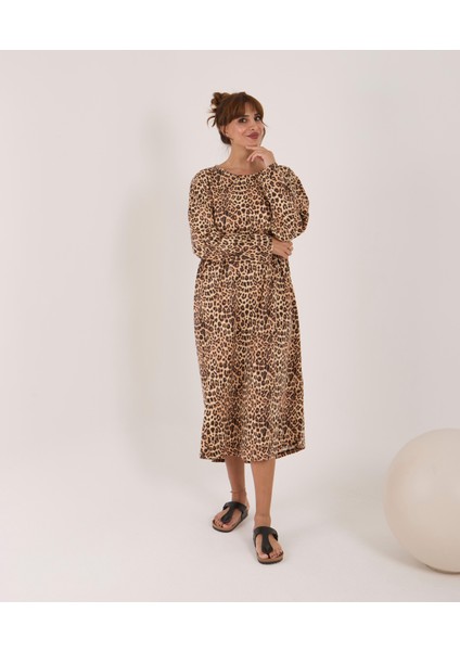 Uzun Kollu Pamuklu Süprem Kumaş Midi Boy Elbise