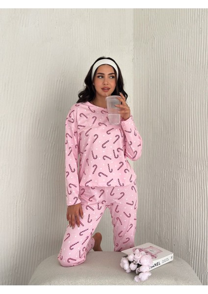 Kadın Şeker Desenli Pembe Renk Rahat Kalıp Pamuklu Uzun Kollu Pijama Takımı HN1000
