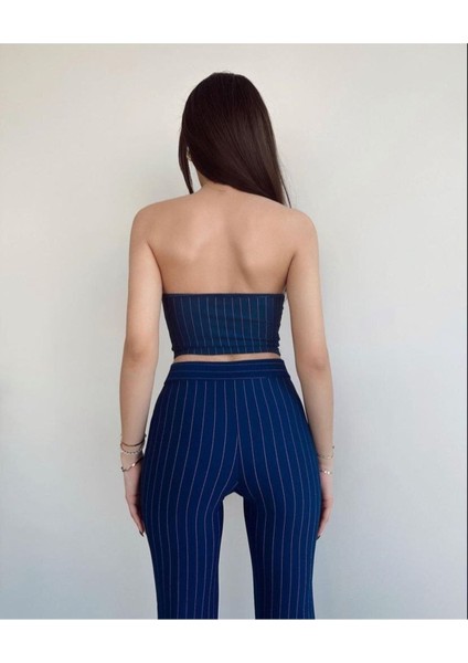 Kadın Çizgili Likralı Crop Büstiyer Bol Paça Yüksek Bel Pantolon 2’li Takım TK3211 modelleri
