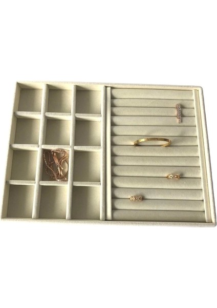 Berlin Model Süet Kumaş Krem Renk 24/34 cm Sosisli-Bölmeli Takı Sergileme Standı fırsatları