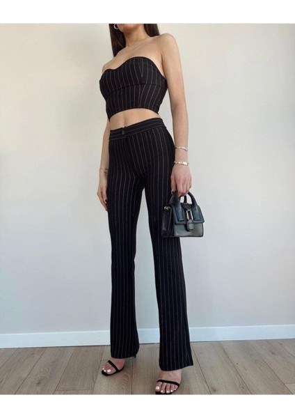 Kadın Çizgili Likralı Crop Büstiyer Bol Paça Yüksek Bel Pantolon 2’li Takım TK3211 modelleri