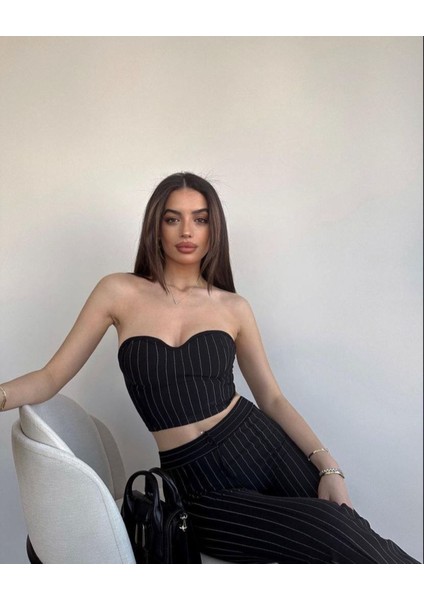 Kadın Çizgili Likralı Crop Büstiyer Bol Paça Yüksek Bel Pantolon 2’li Takım TK3211 fırsatları