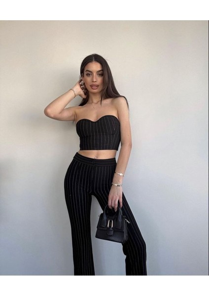 Kadın Çizgili Likralı Crop Büstiyer Bol Paça Yüksek Bel Pantolon 2’li Takım TK3211 indirimleri