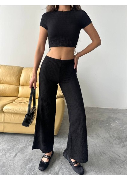 Kadın Yüksek Bel Esnek Bol Paça Pantolon ve Bisiklet Yaka Crop 2'li Takım TKM1000