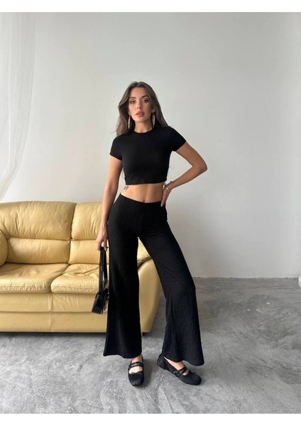 Kadın Yüksek Bel Esnek Bol Paça Pantolon ve Bisiklet Yaka Crop 2'li Takım TKM1000 modelleri