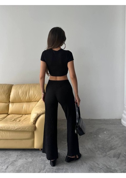 Kadın Yüksek Bel Esnek Bol Paça Pantolon ve Bisiklet Yaka Crop 2'li Takım TKM1000 fırsatları