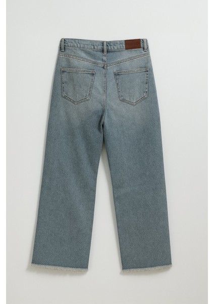 Kadın Yüksek Bel Wide Leg Dizi Yırtık Buz Mavi Jean Pantolon fiyatları