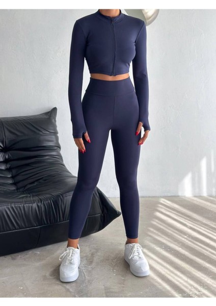 Kadın Parmak Geçmeli Fermuarlı Crop Bluz ve Yüksekbel Sporcu Tayt 2'li Takım MNN9054