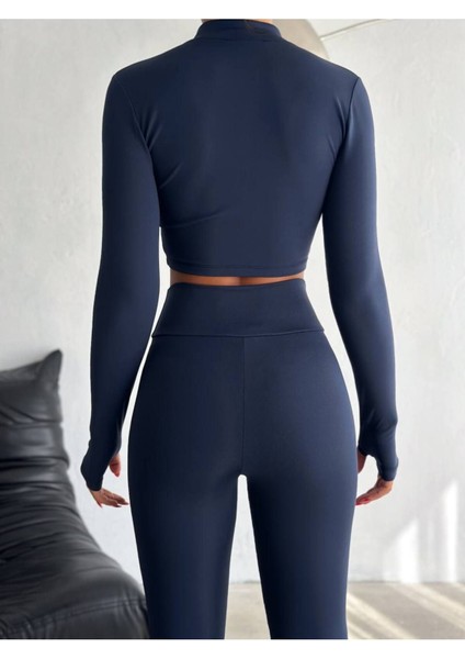 Kadın Parmak Geçmeli Fermuarlı Crop Bluz ve Yüksekbel Sporcu Tayt 2'li Takım MNN9054 fiyatları