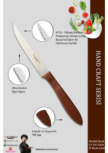 Hand Caft Serisi Steak Mutfak Bıçak Seti 6'lı Steak Et Yemek Bıçağı (MFT-2344) modelleri