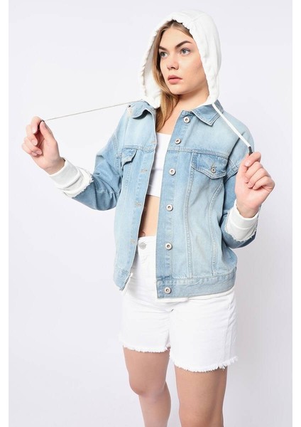 Kadın Garnili Oversize Jean Ceket Açık Mavi