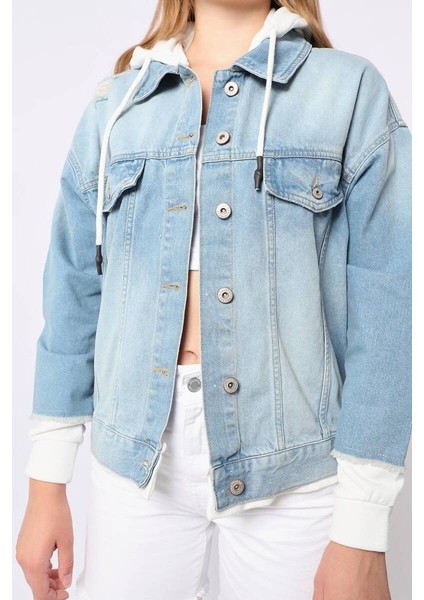 Kadın Garnili Oversize Jean Ceket Açık Mavi