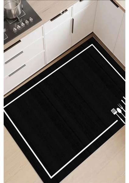 Dijital Kaymaz Yıkanabilir Modern Çerçeveli Kıtchen Mutfak Halısı Siyah Mutfak Halısı DC-5057