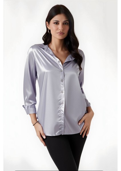 Kadın Gri Hafif Dökümlü Saten Yüzeyli Gömlek HZL22W-BD139641