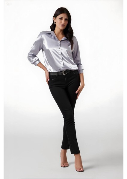 Kadın Gri Hafif Dökümlü Saten Yüzeyli Gömlek HZL22W-BD139641 fiyatları