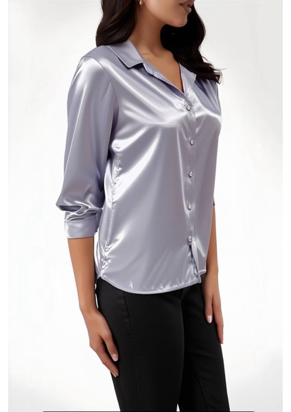 Kadın Gri Hafif Dökümlü Saten Yüzeyli Gömlek HZL22W-BD139641 modelleri