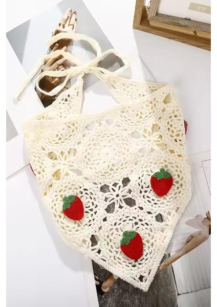 Örgü Bohem Çilekli Üçgen Bandana