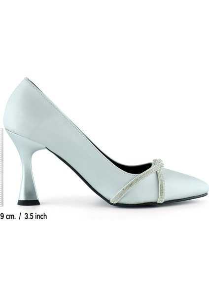 Abby Gümüş Saten Burma Taşlı Sivri Burun Kadeh Topuklu Abiye Ayakkabı fiyatları