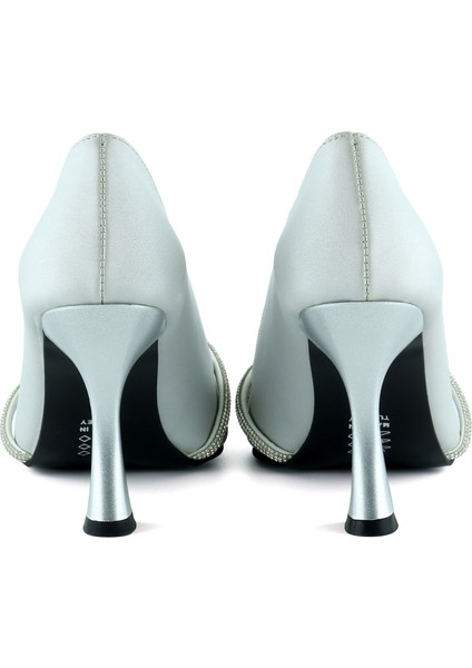 Abby Gümüş Saten Burma Taşlı Sivri Burun Kadeh Topuklu Abiye Ayakkabı fırsatları
