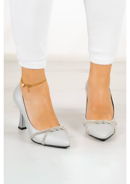 Abby Gümüş Saten Burma Taşlı Sivri Burun Kadeh Topuklu Abiye Ayakkabı indirimleri